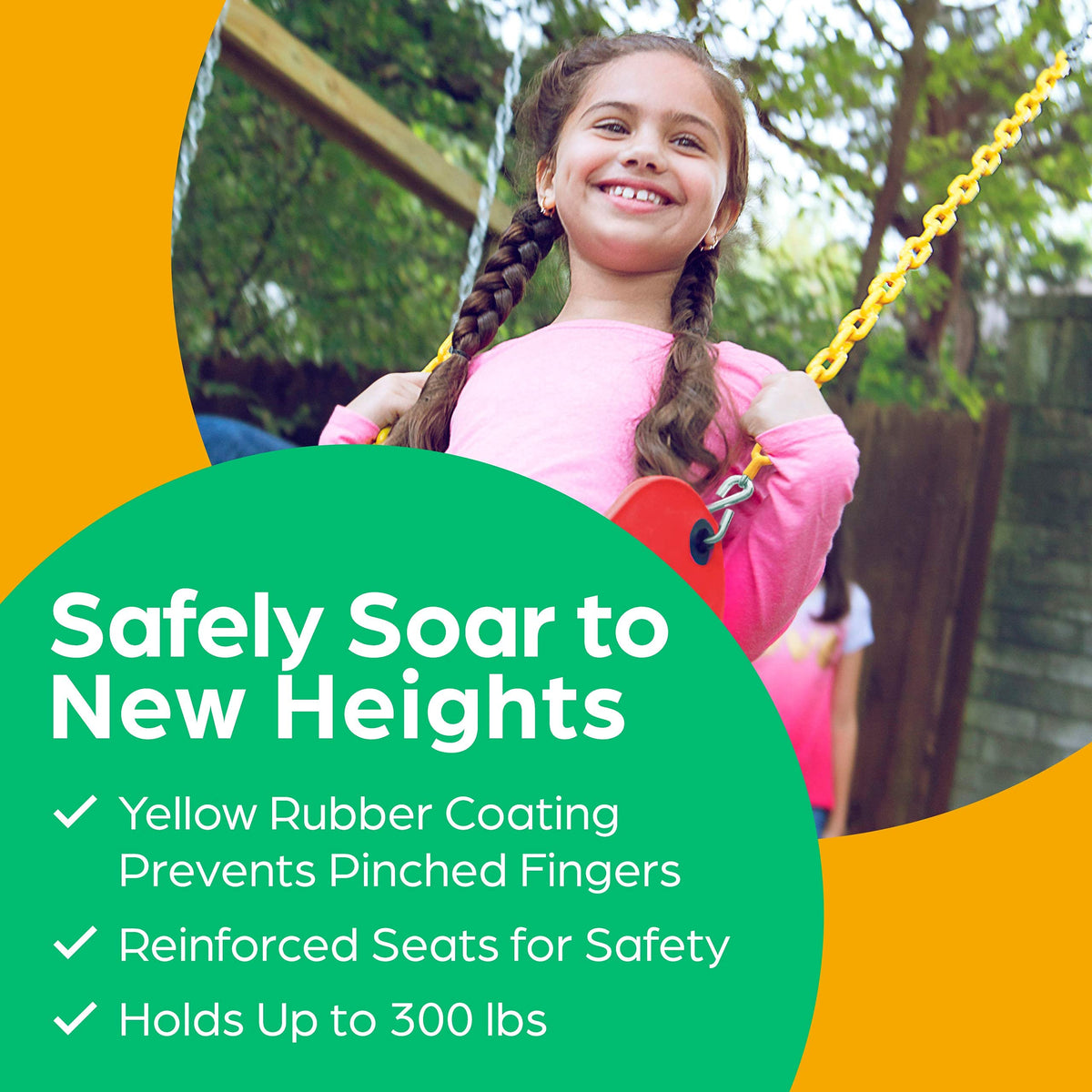 66-inch chains connect to the Jungle Gym Kingdom swing seat for adjustable height.