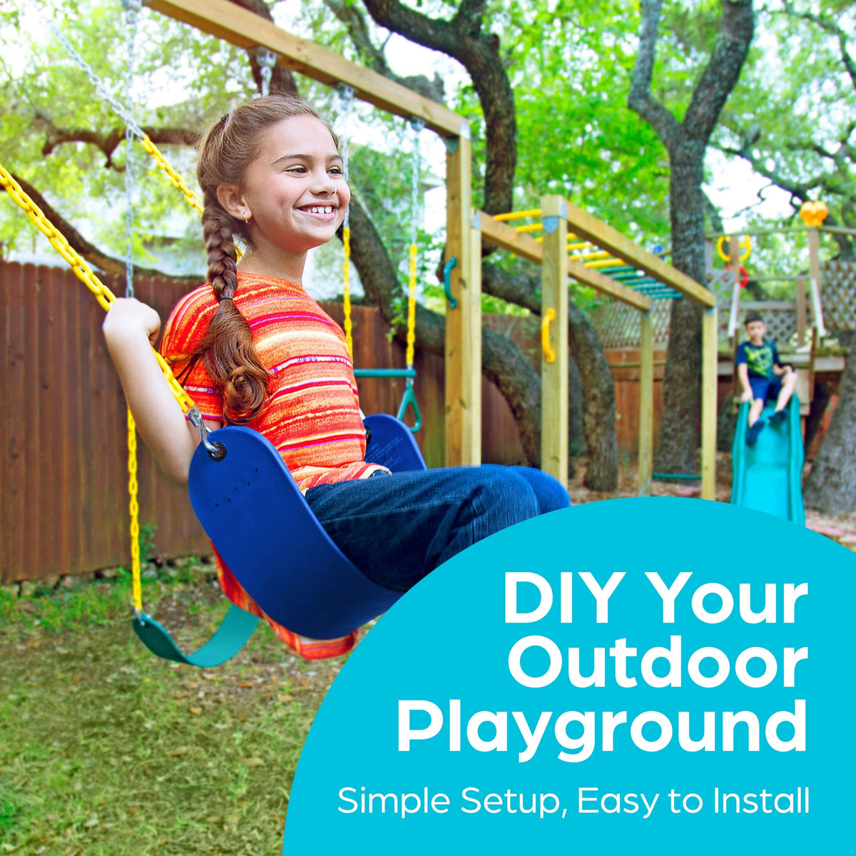 Jungle Gym Kingdom backyard swing sets in blue for outdoor fun.