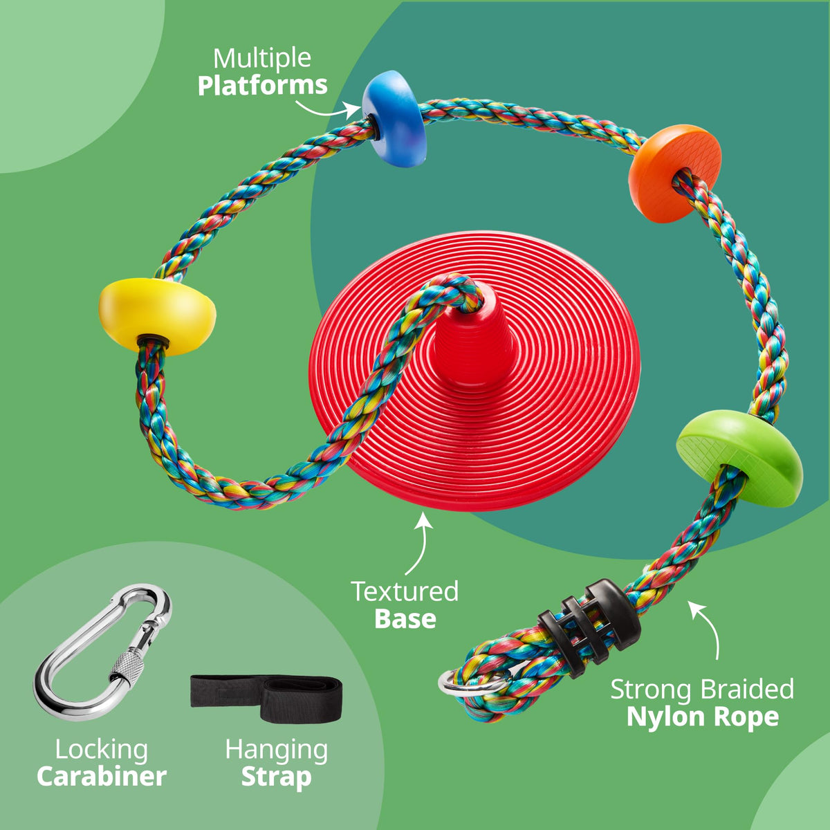 Jungle Gym Kingdom four-foot strap supports versatile tree mounting and safety checks.