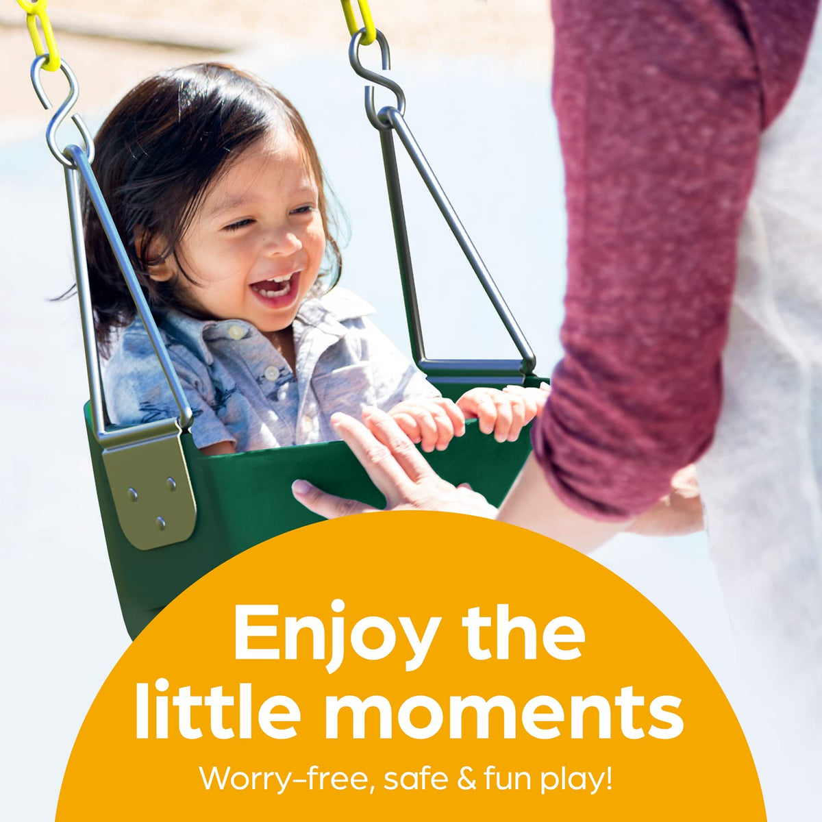 Jungle Gym Kingdom green baby swing in action for family outdoor fun.