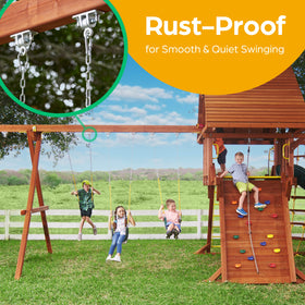 Jungle Gym Kingdom patio swing hanger enables smooth, quiet operation.