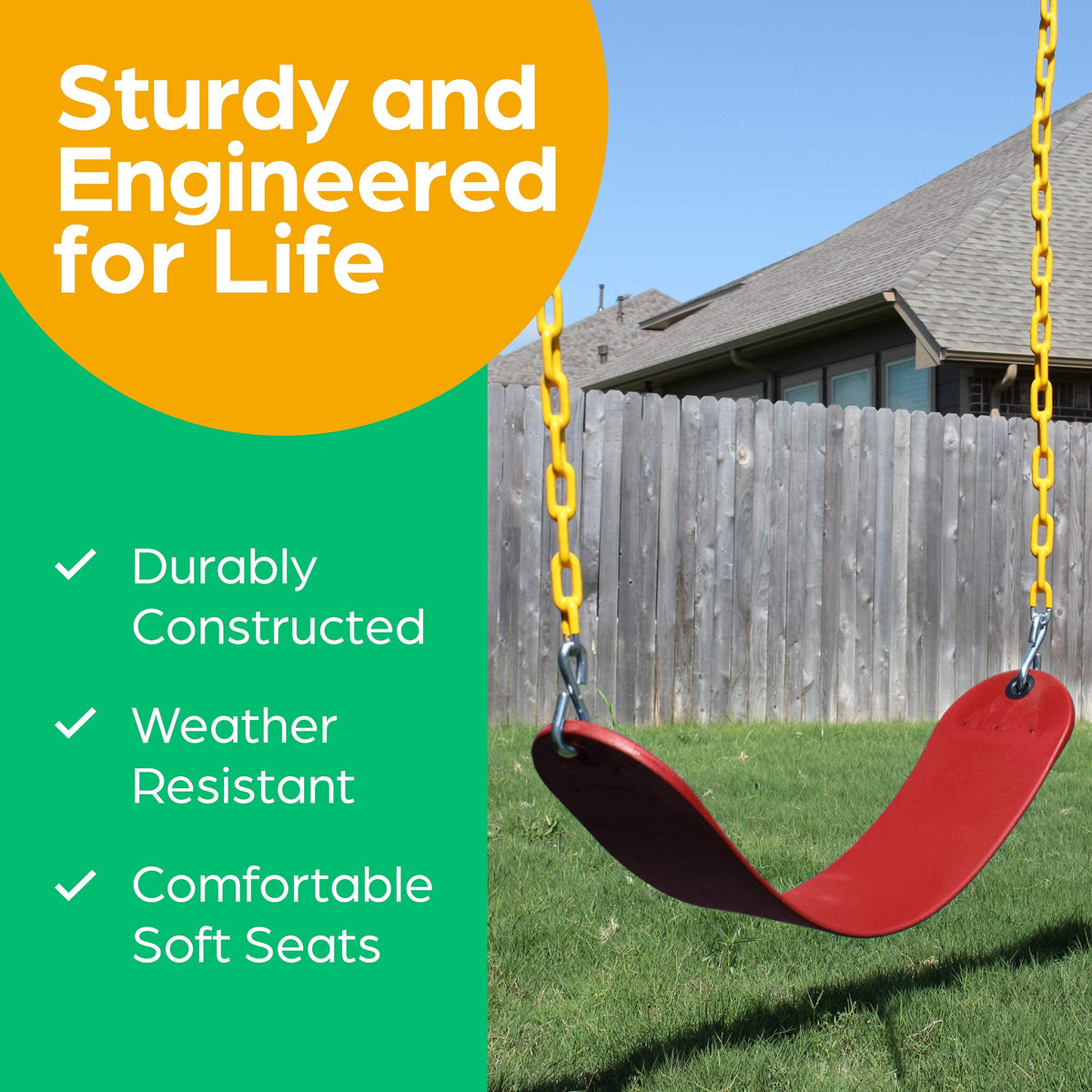 Plastic-coated pinch-free chains reduce snags in Jungle Gym Kingdom swing.