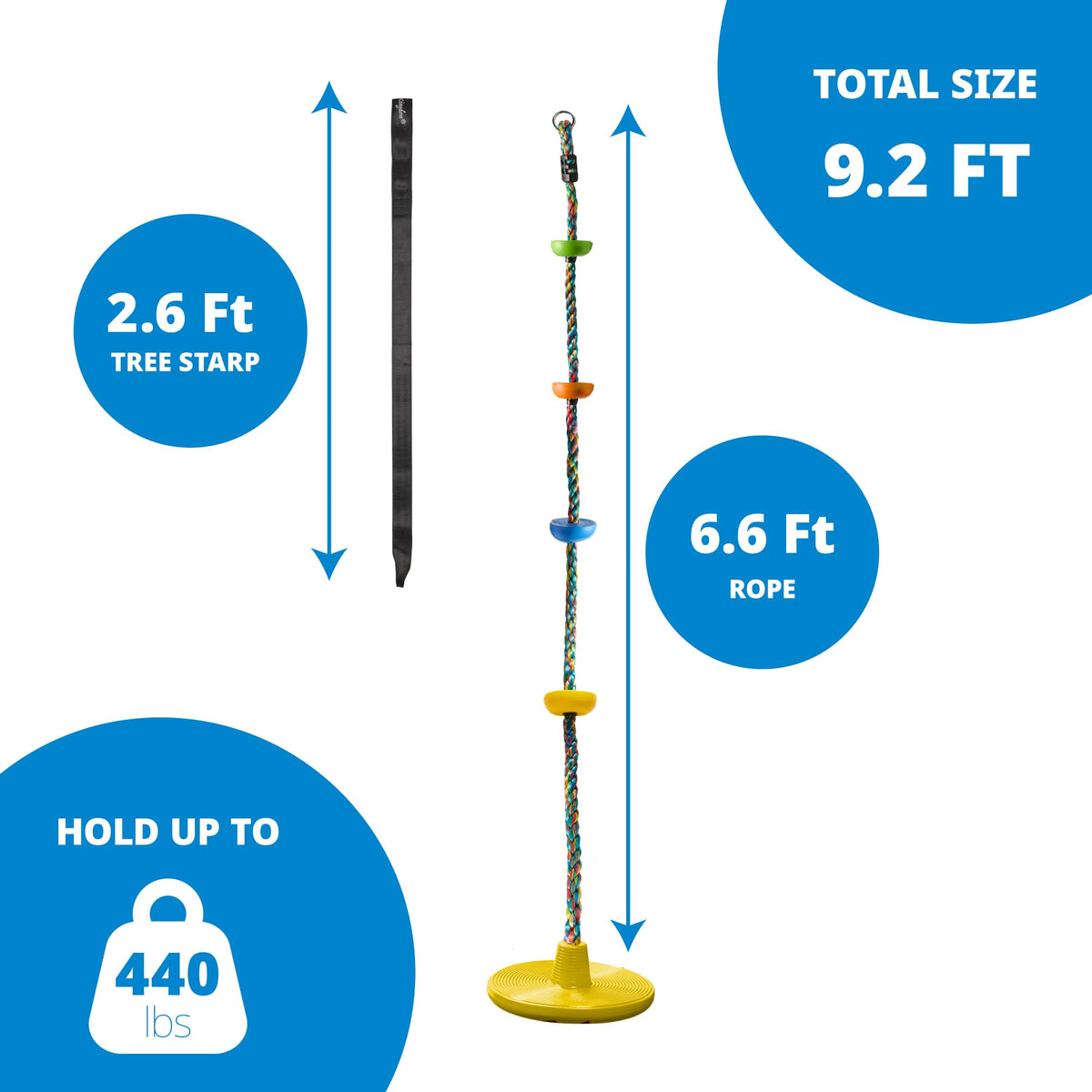 Jungle Gym Kingdom 2.6ft strap enables adjustable swing height for growing kids.