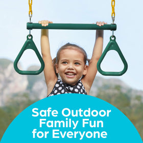 Jungle Gym Kingdom trapeze bar rings allow quick setup for swinging.