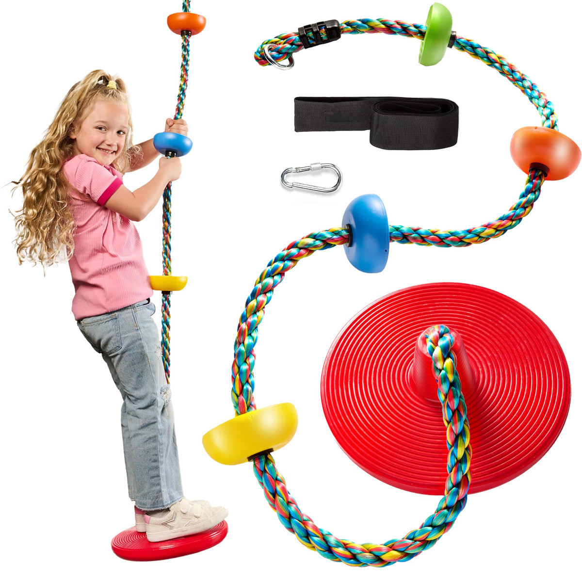 Jungle Gym Kingdom tree swing with disc seat and vibrant rope for active outdoor play.