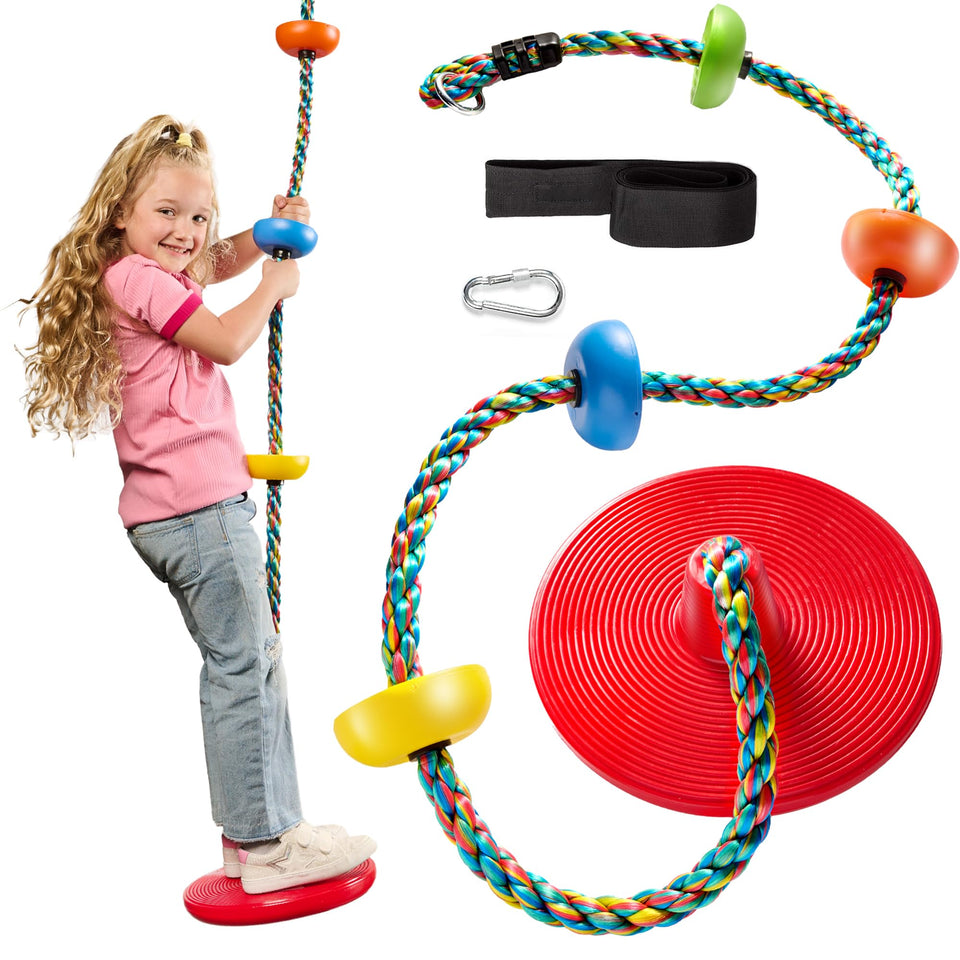 Jungle Gym Kingdom tree swing with disc seat and vibrant rope for active outdoor play.