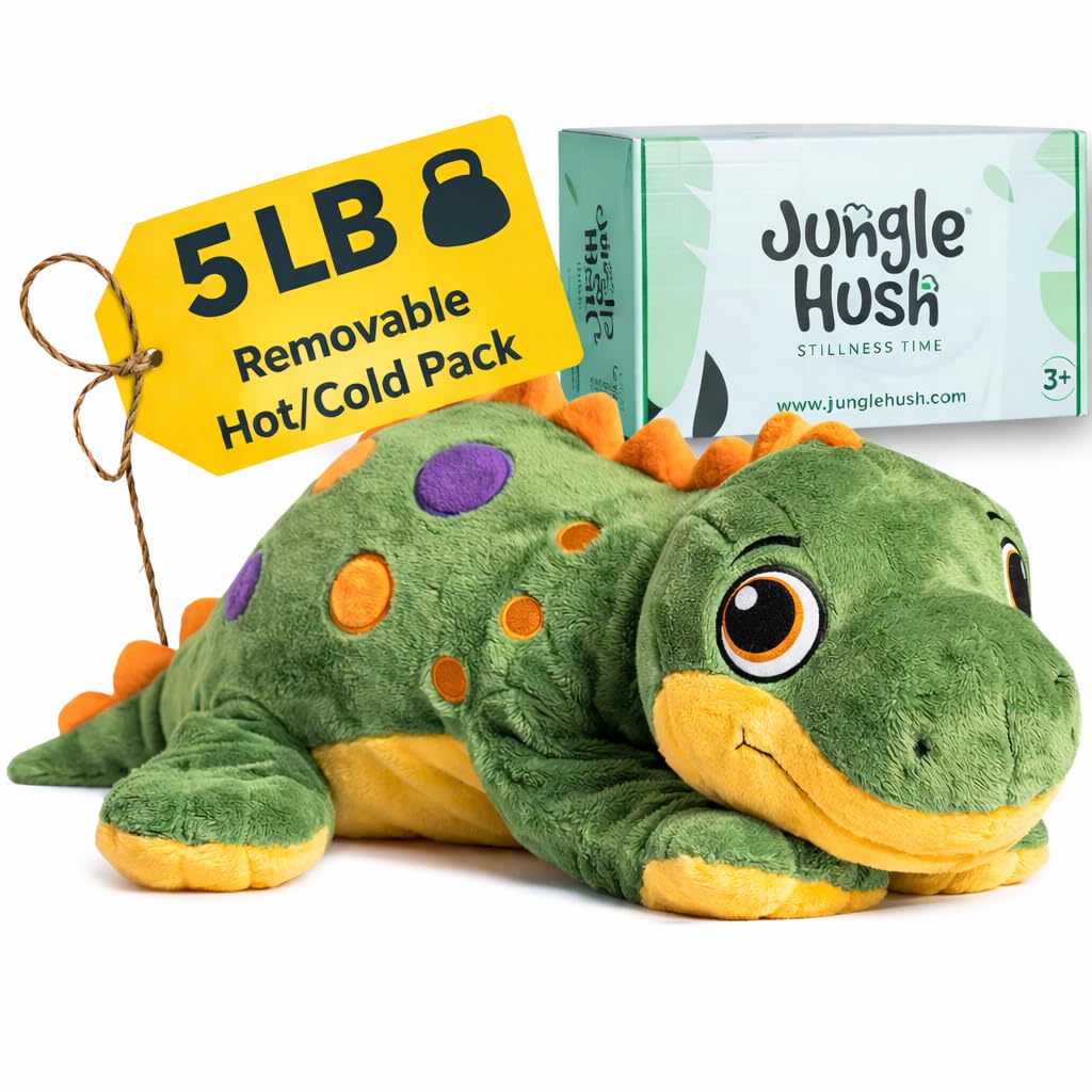 Jungle Hush weighted dinosaur front view showing calming hug for moments of calm