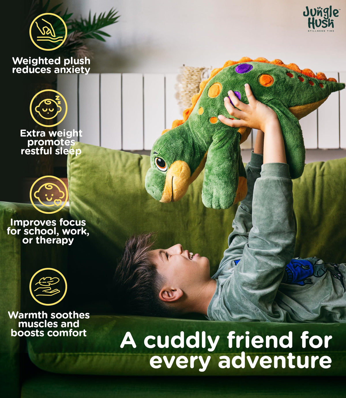 Jungle Hush weighted dinosaur side sleeping pose for bedtime snuggling