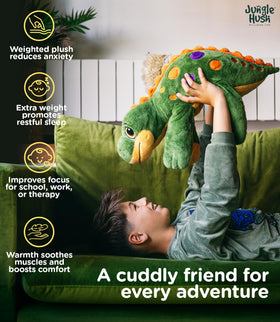 Jungle Hush weighted dinosaur side sleeping pose for bedtime snuggling