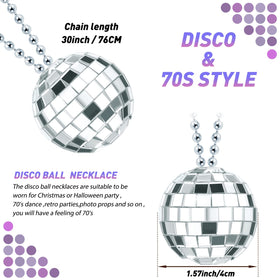 Junkin disco ball necklace on a long 76 cm chain for easy retro wear.