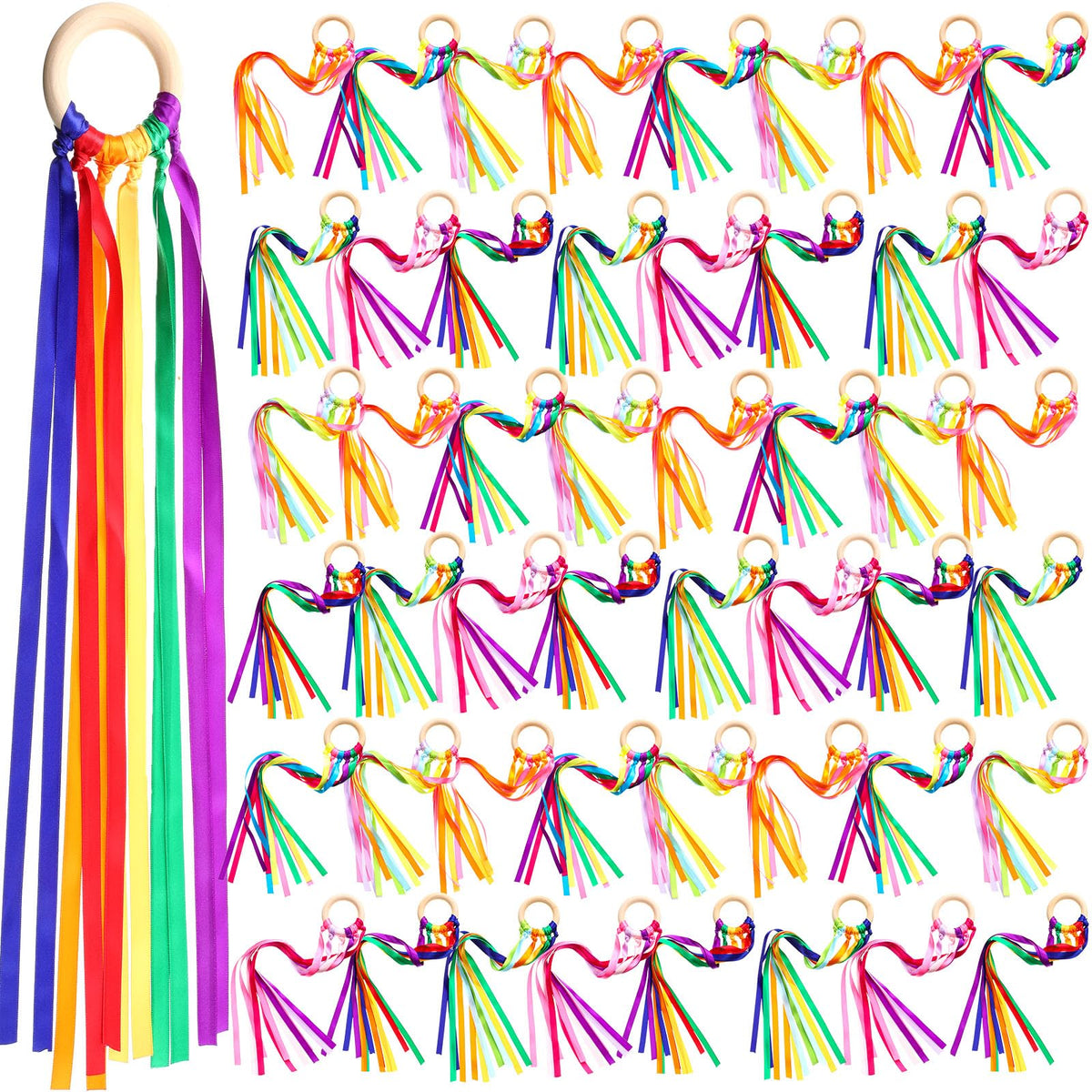 Junkin ribbon rings with wooden ring for engaging hand-kite play and movement