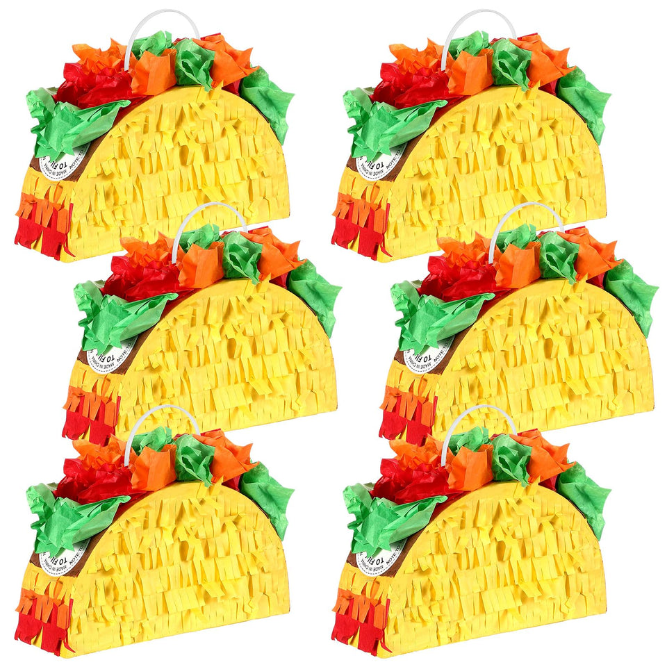 Junkin six-pack taco pinatas ready to hang for festive Cinco de Mayo decor.