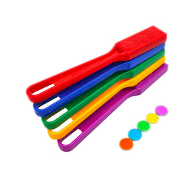 JUNWRROW five-color bingo chips in red, yellow, green, purple, and blue.