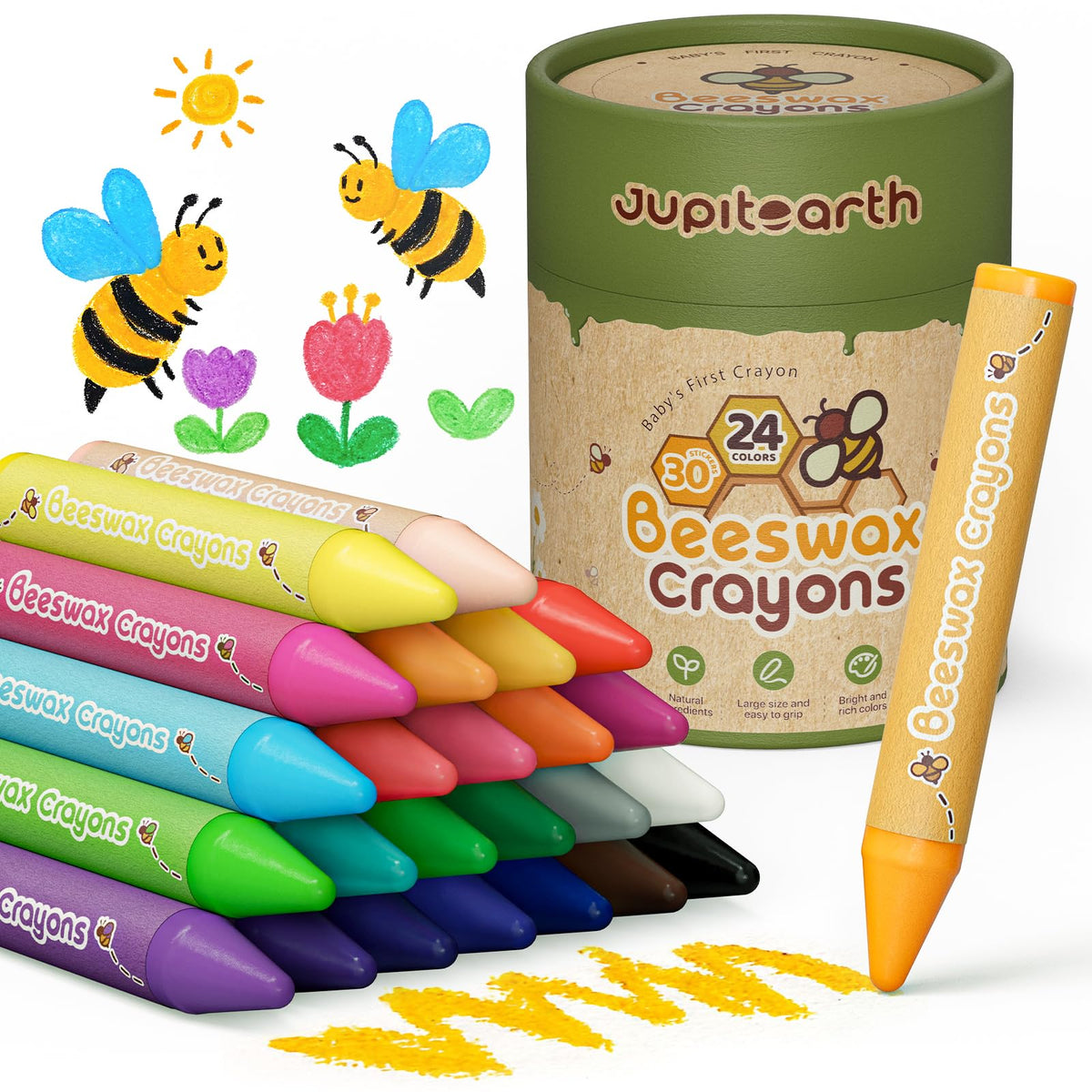 JupiterEarth 24 non-toxic beeswax crayons for toddlers with smooth, safe color.