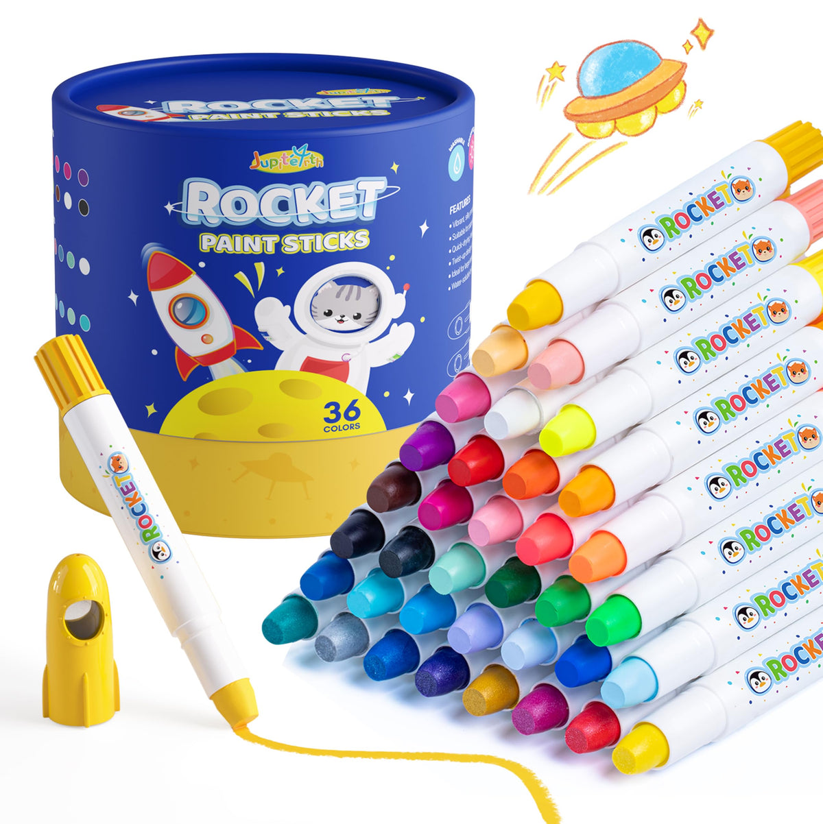 JUPITEARTH 36-color tempera sticks provide bold pigment for vibrant paper art.