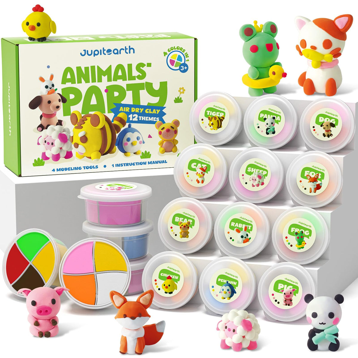 JUPITEARTH air-dry clay kids animal theme kit with colorful compartments for creative play