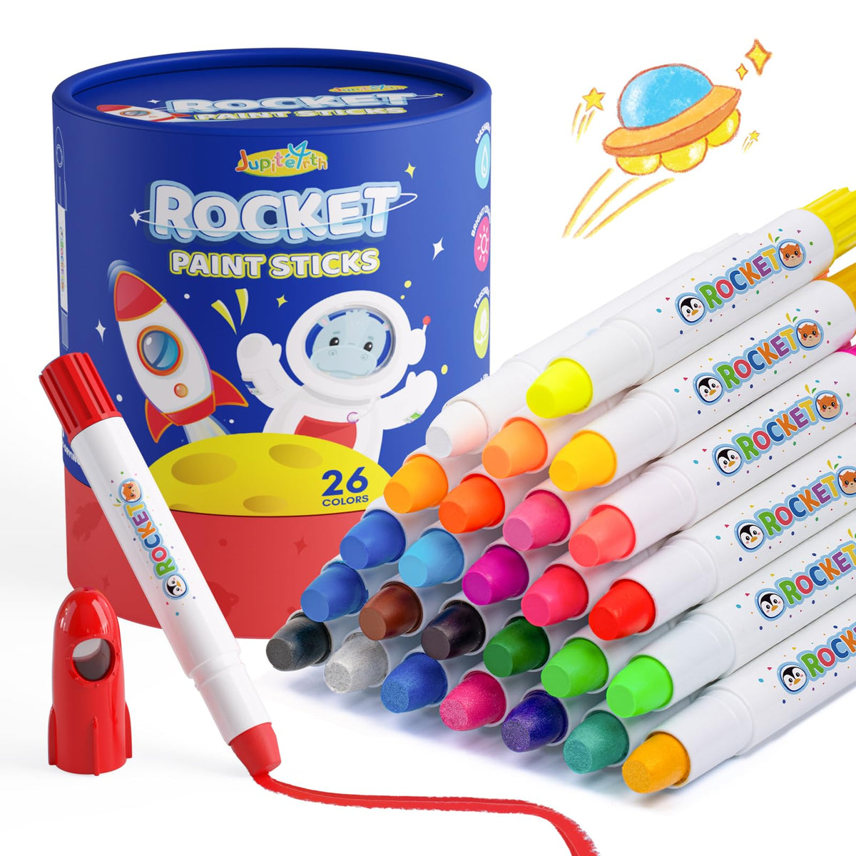 Jupiterarth rocket tempera paint sticks in 26 colors for bold, vibrant artworks.