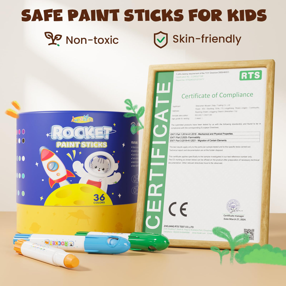 JUPITEARTH washable rocket cap sticks for mess-free art sessions.
