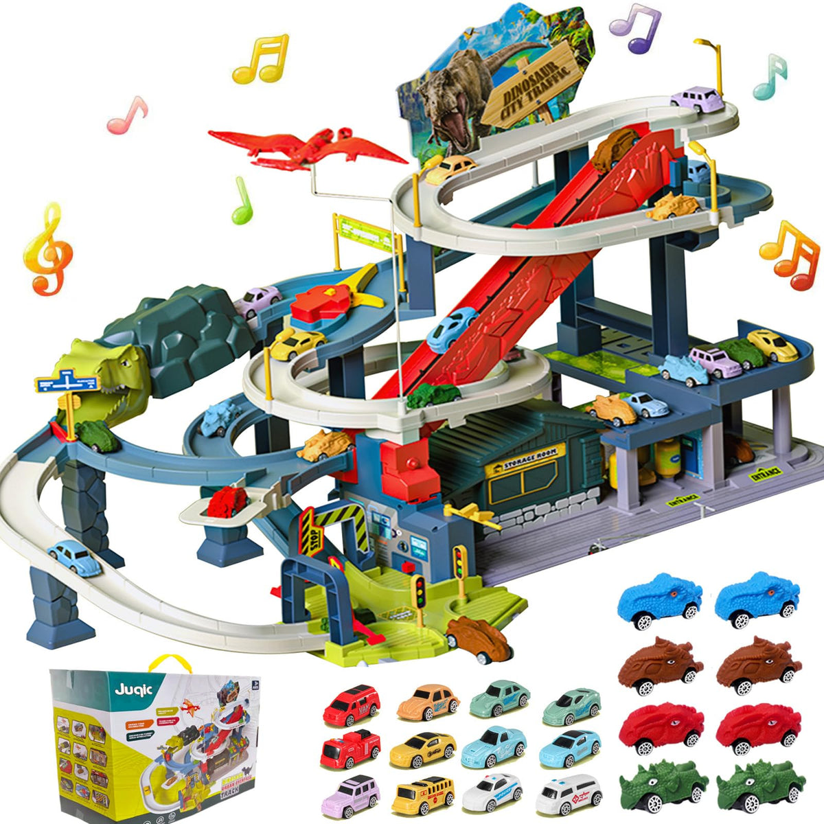 Juqic kid's car ramp track assembly promotes imaginative play and problem solving.