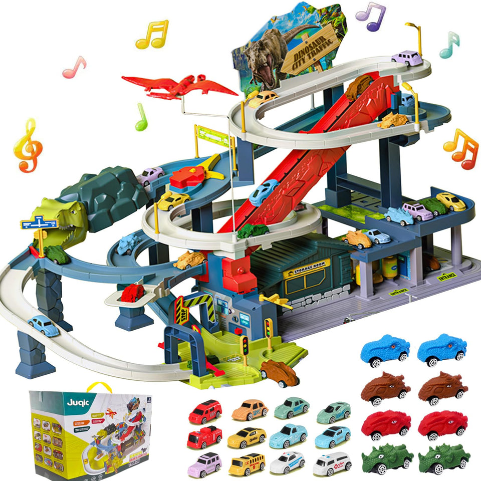 Juqic kid's car ramp track assembly promotes imaginative play and problem solving.