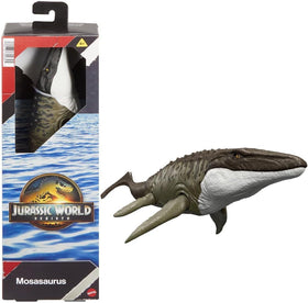 Jurassic World Rebirth Mosasaurus figure side view emphasizes movable joints for dynamic poses.