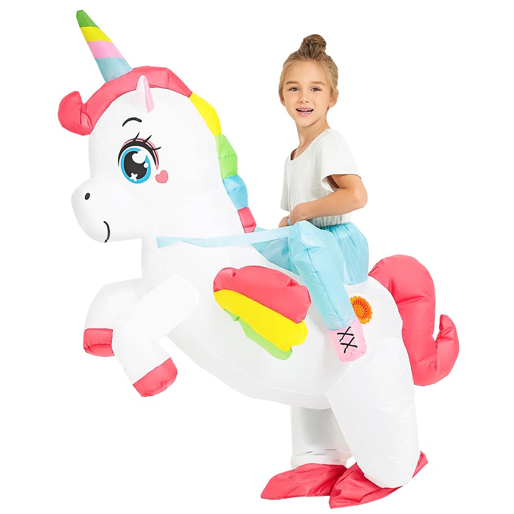 JUROSAICA inflatable unicorn costume worn by child for playful Halloween moments