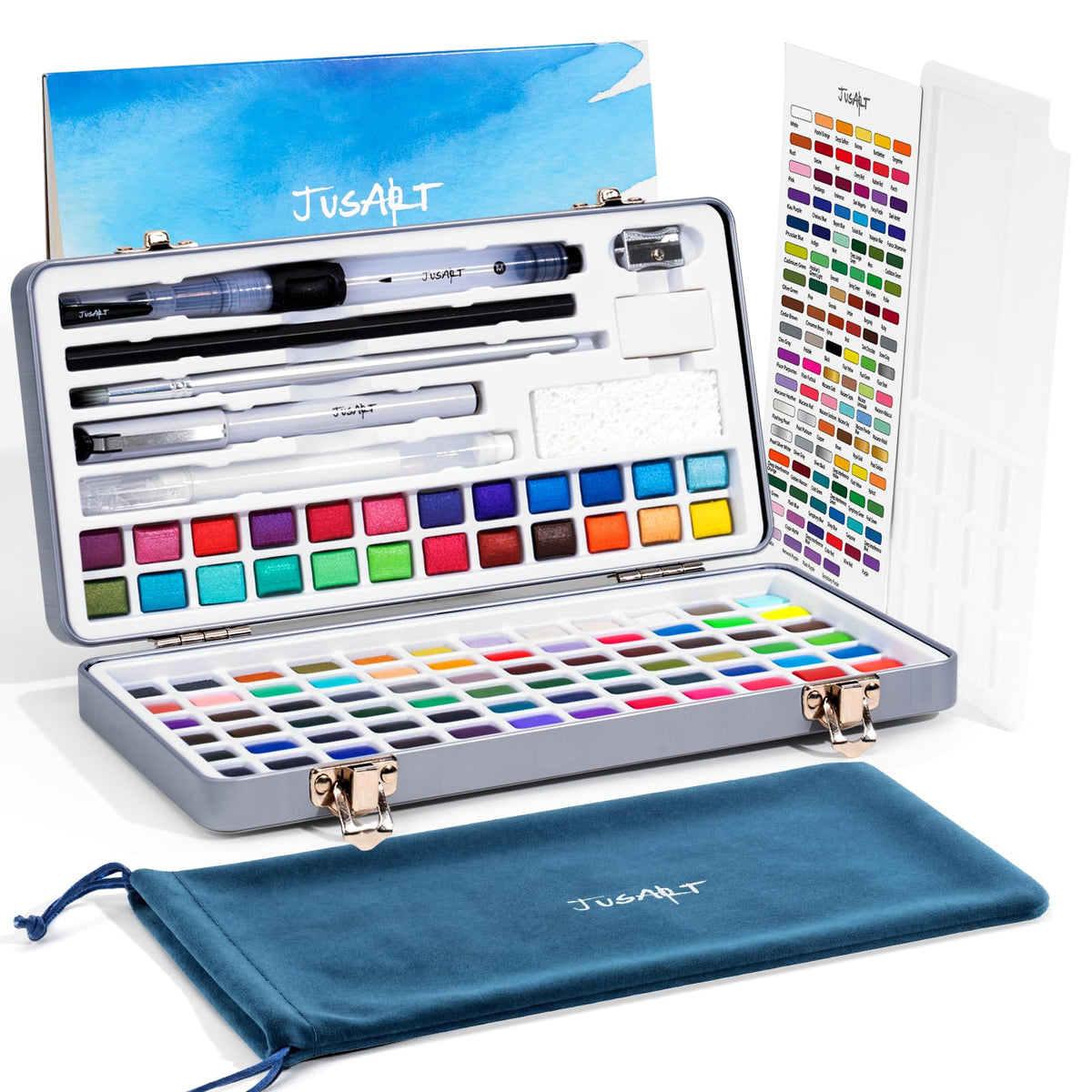 JusArt 108-color watercolor palette with a wide range of hues for versatile illustrations