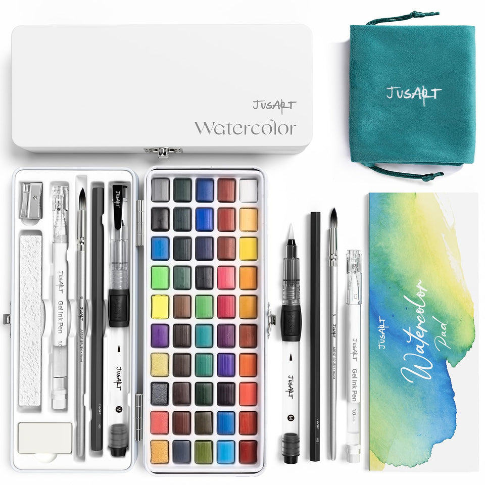 JusArt 50 colors watercolor palette ready for vibrant washes on the go