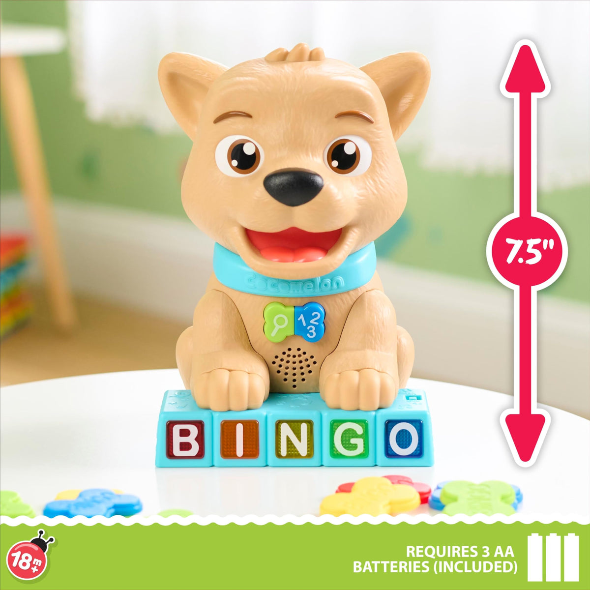 Just Play CoComelon Bingo toy scene showing treats being fed to Bingo promotes counting.