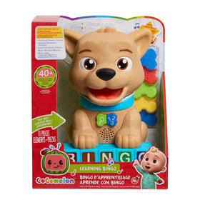 Just Play CoComelon Count and Learn Bingo with light-up blocks supports early spelling and color recognition.