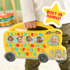 Just Play Cocomelon Learning Bus alphabet buttons showing letters and phonics for kids.