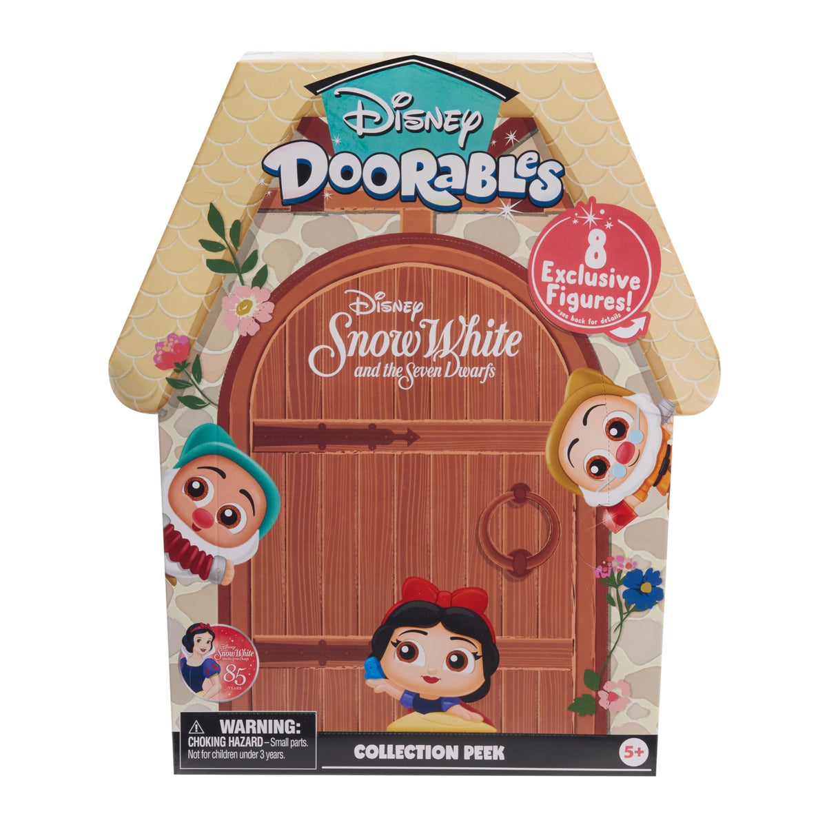 Peel-and-reveal packaging design on Disney Doorables Snow White collection box