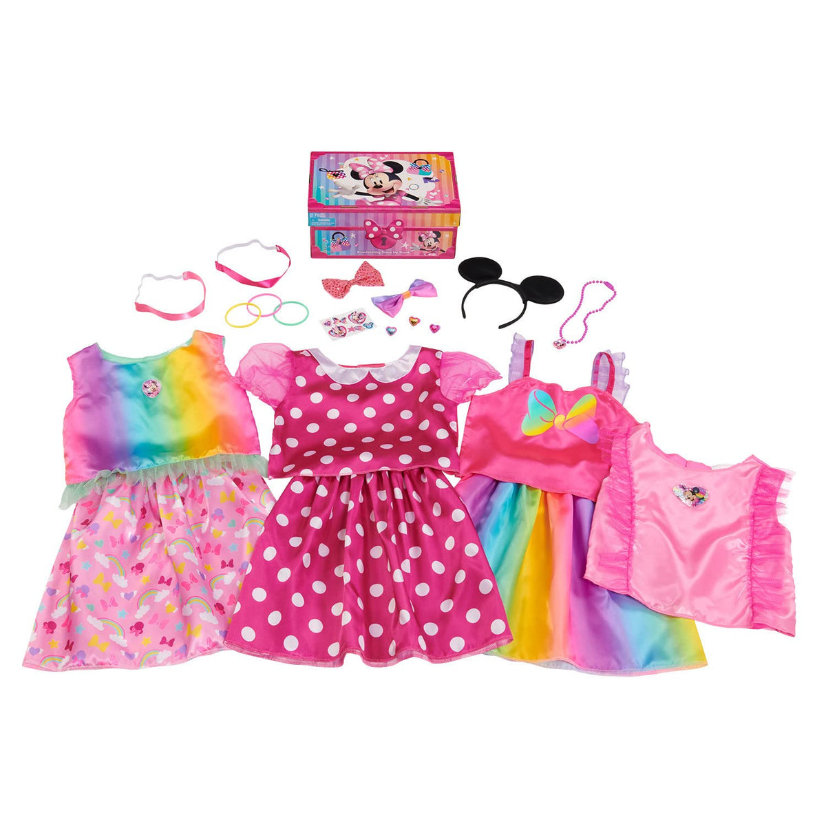Just Play Minnie Bowdazzling Dress-Up Trunk front view with rainbow design