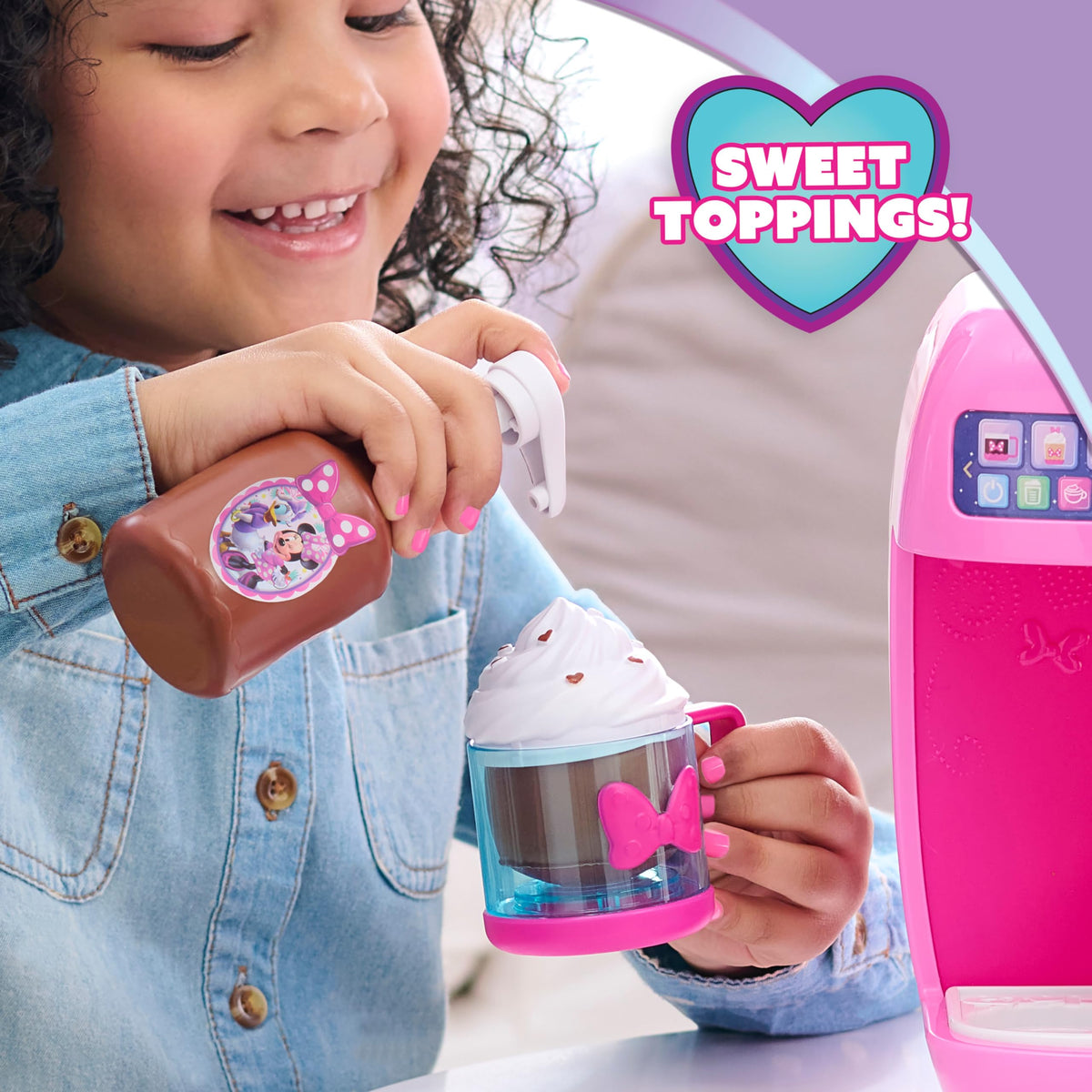 Syrup bottle and toppings add color to pretend beverages