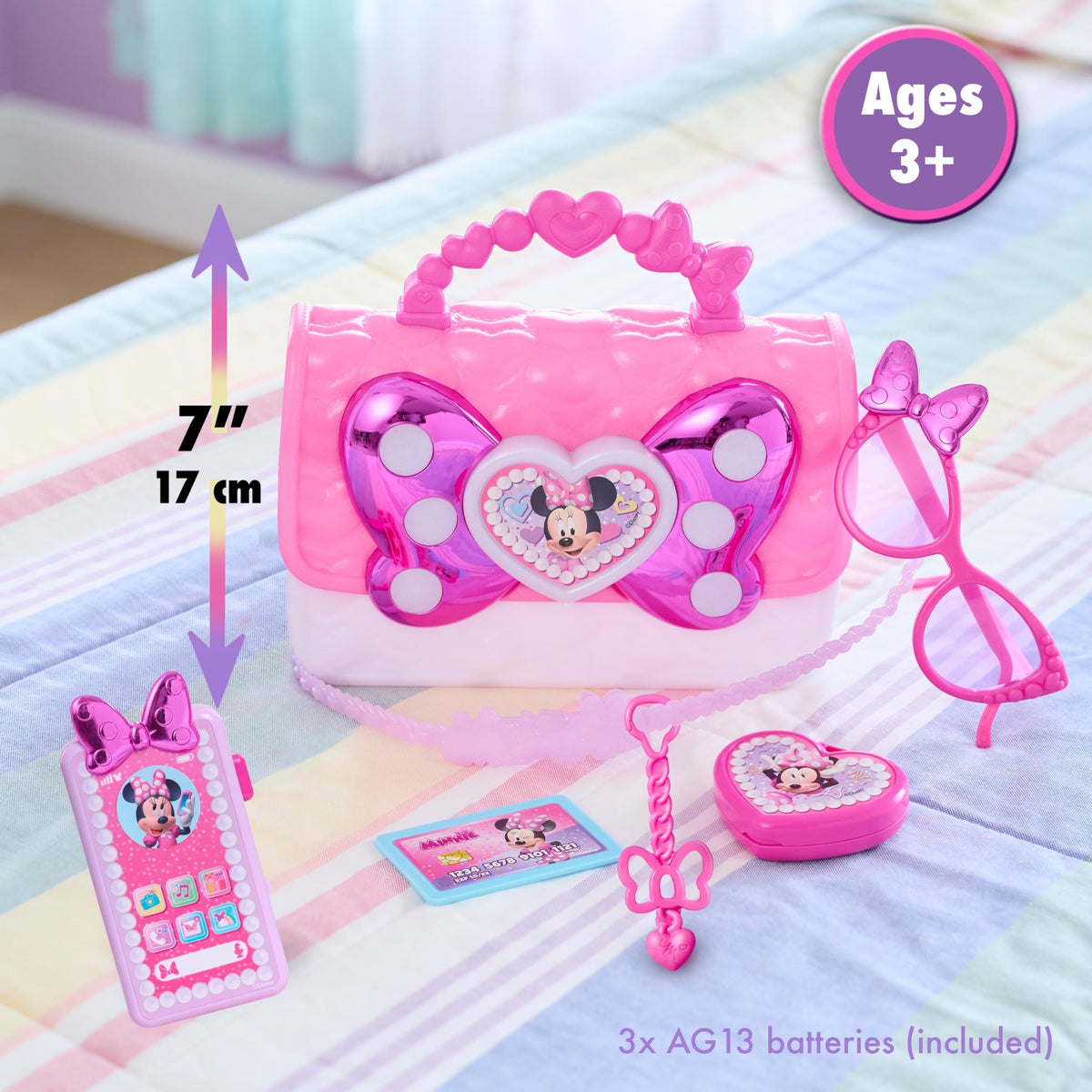 Just Play Disney Minnie Bowfabulous bag pink sunglasses highlight kid-sized styling accessories