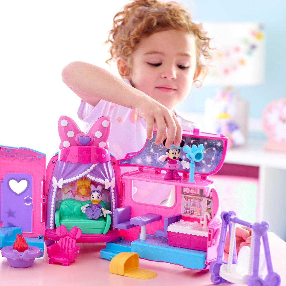 Just Play Minnie Mouse glamper open from back showing multi-level play area and slide