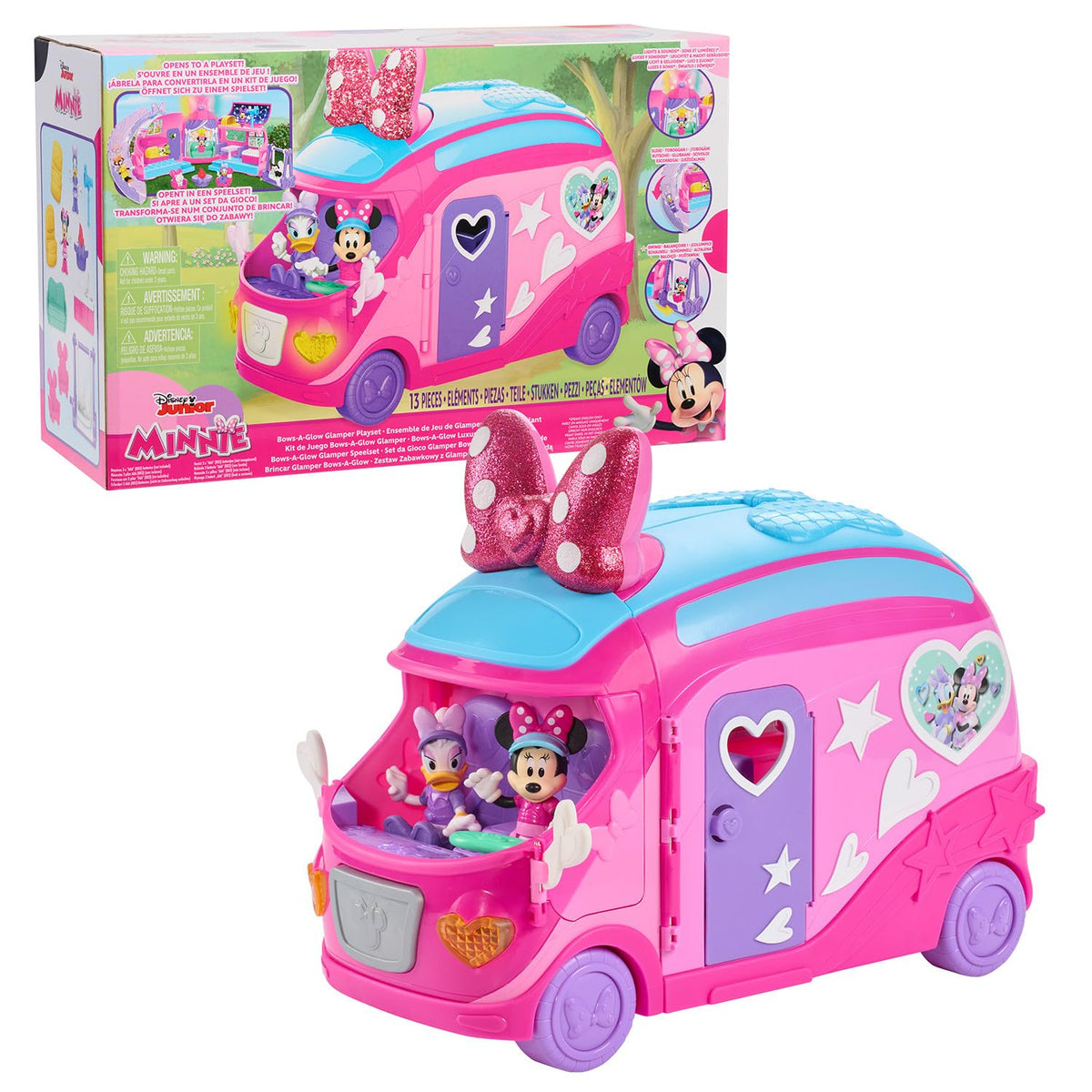 Just Play Disney Junior Minnie Mouse Bows-A-Glow Glamper front view with glowing glitter bow