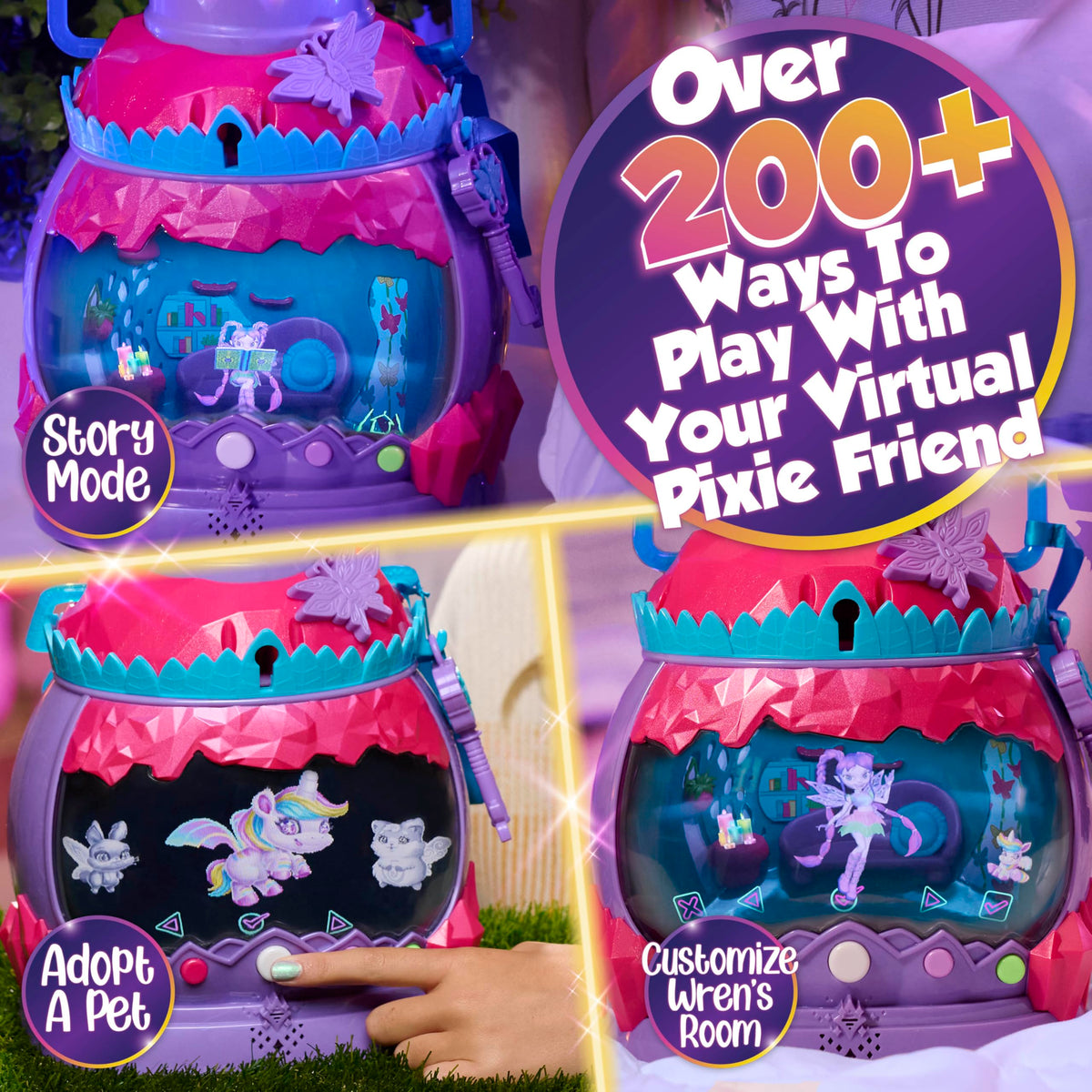 Just Play HOLOBRITE Pixie Lantern key-unlock sequence illustrating dual-world access.