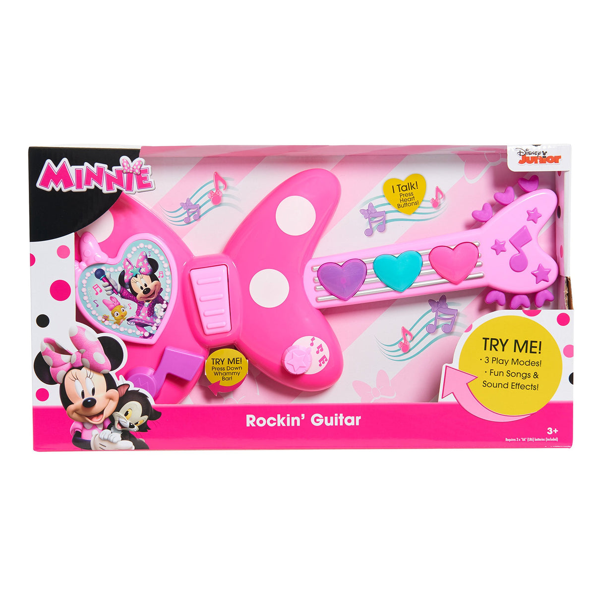 Minnie Bow-Tique Rockin' Guitar bridge button triggers phrases for pretend jams.