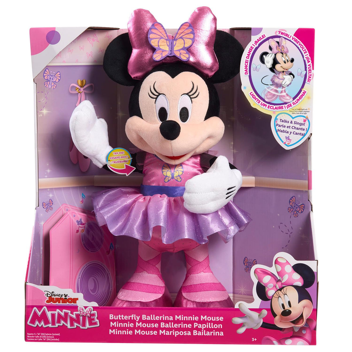 Just Play Minnie Butterfly Ballerina plush lights up for interactive playtime.