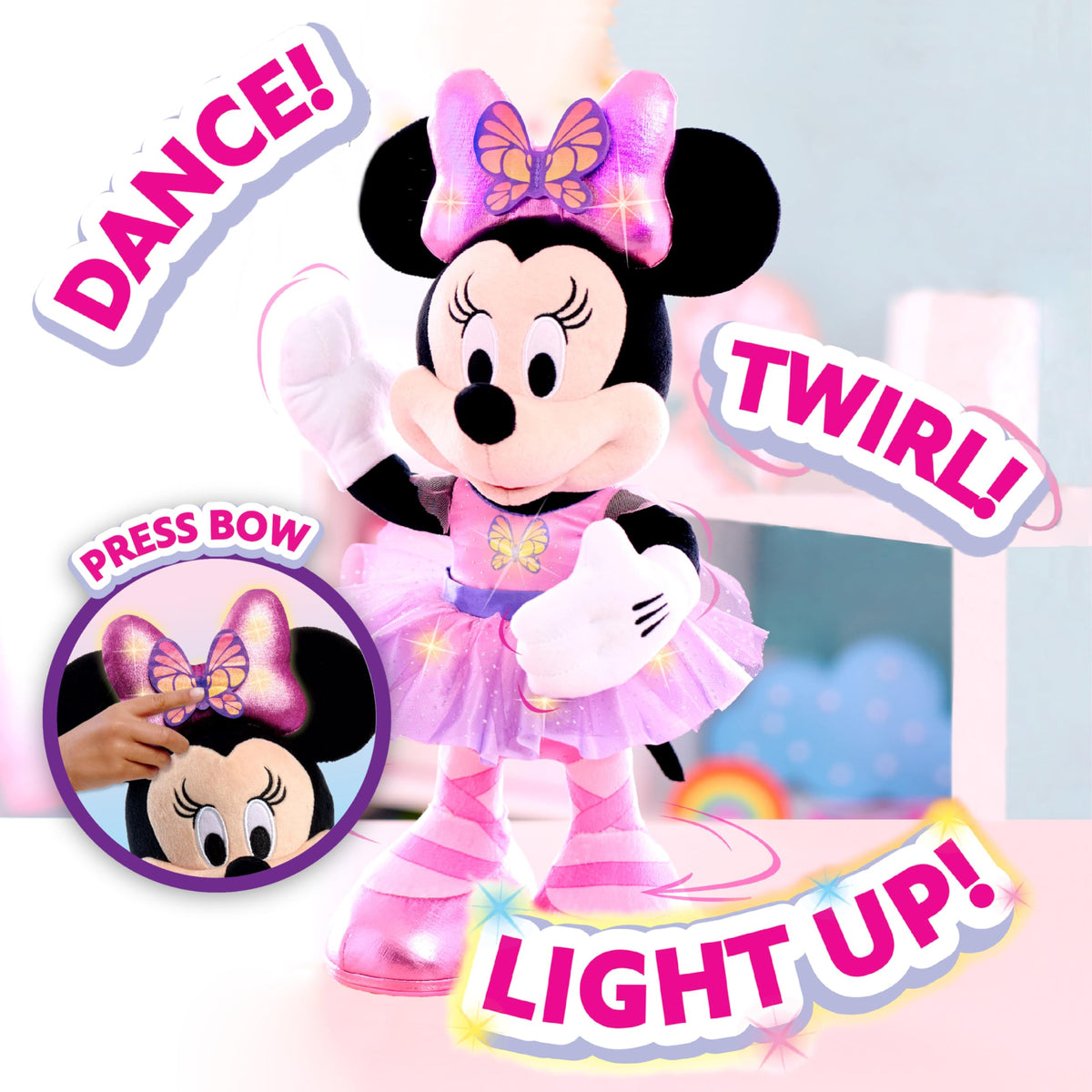 Just Play Minnie Butterfly Ballerina sings to encourage kids to join in.