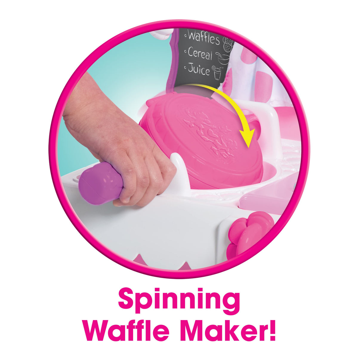 Just Play Minnie Brunch Cafe frying pan supports sizzling sounds during pretend cooking.