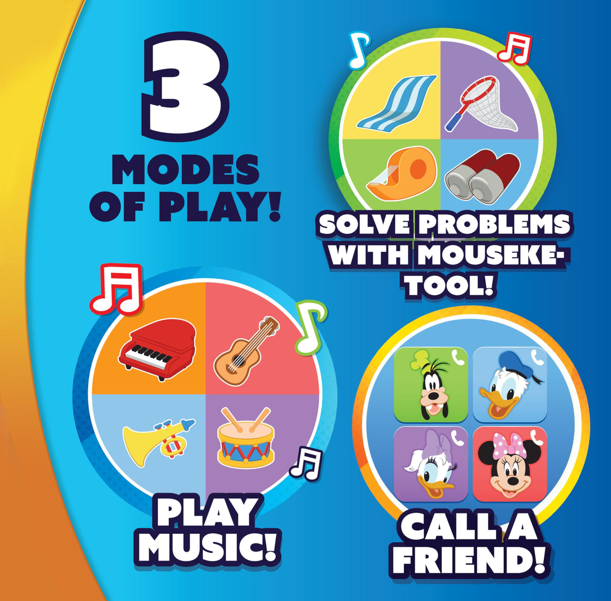 Just Play Oh, Toodles! Mickey Music mode plays piano, guitar, trumpet, and drums.