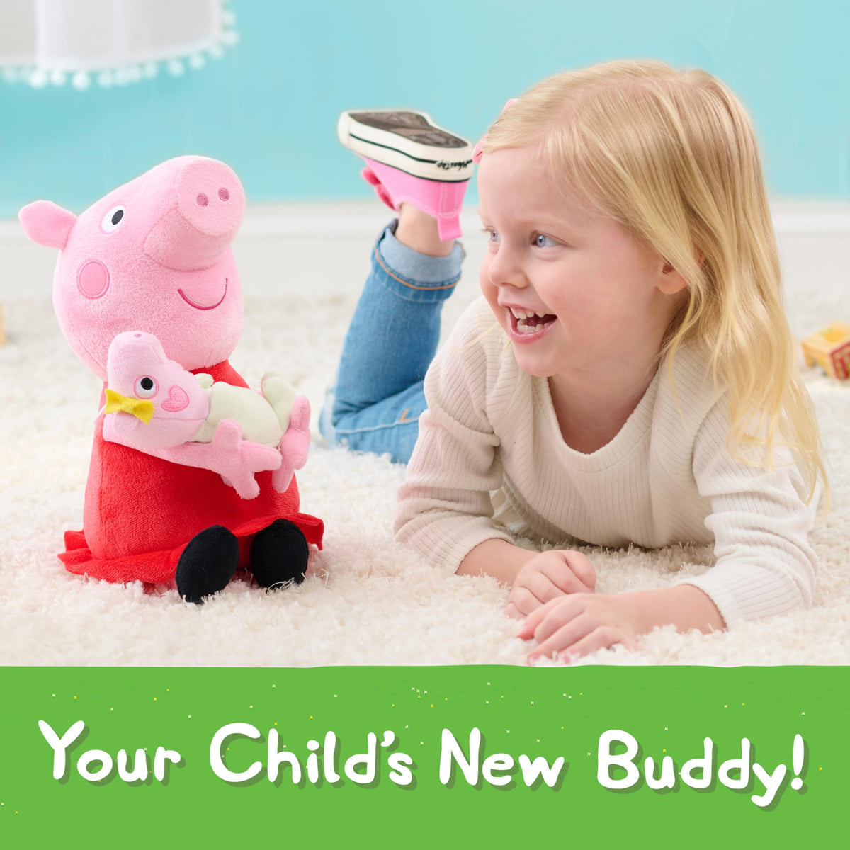 Just Play Peppa Pig Big Sis Plush, close-up shows embroidered features and soft texture