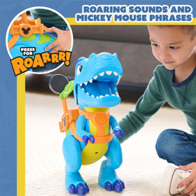 Dino moves with roar and stomping sounds via lever and wheels.