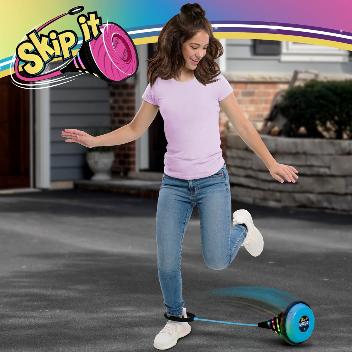 Just Play Skip It blue in-action view shows kids skipping in sunlight.