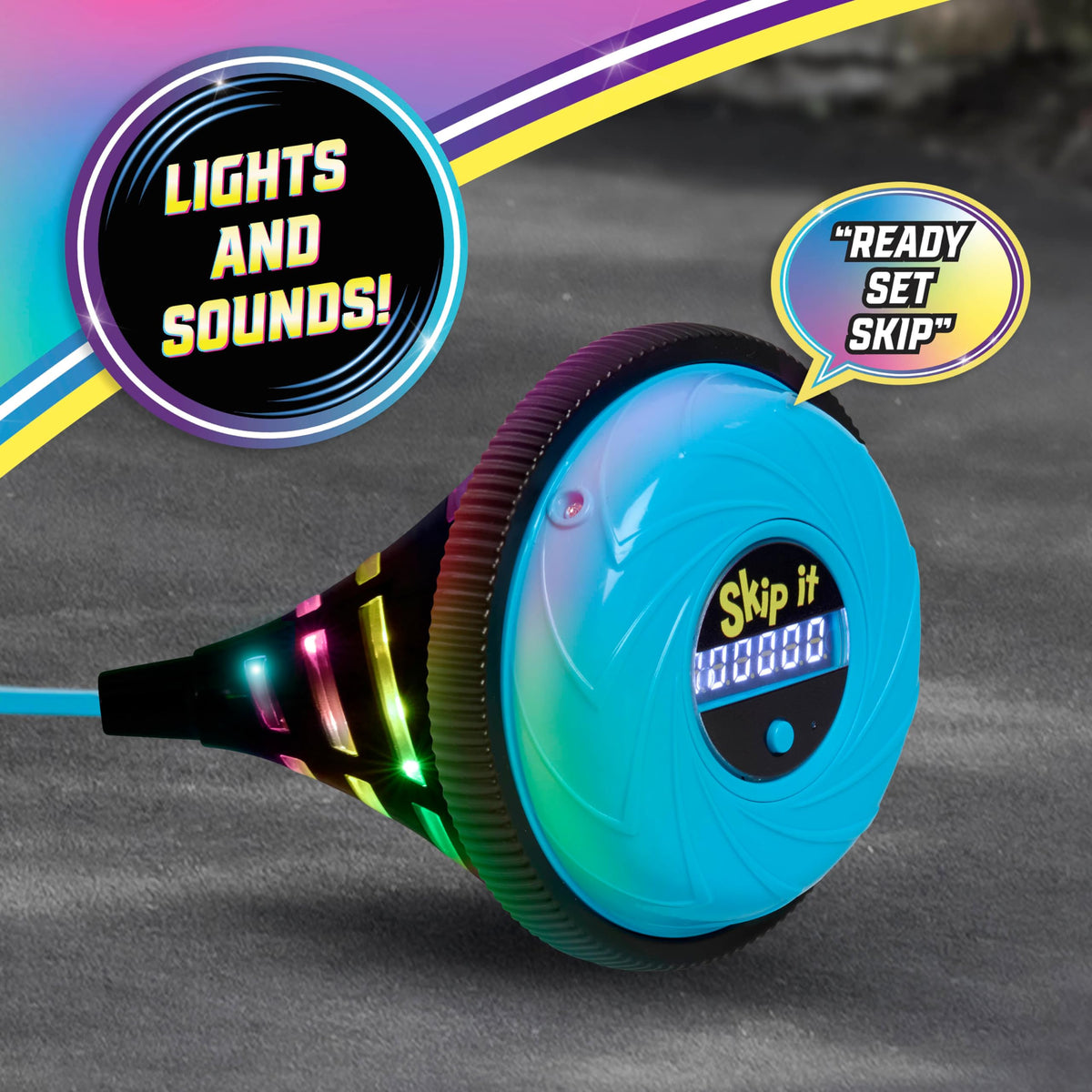 Just Play Skip It blue LED lights enhance nighttime backyard play.