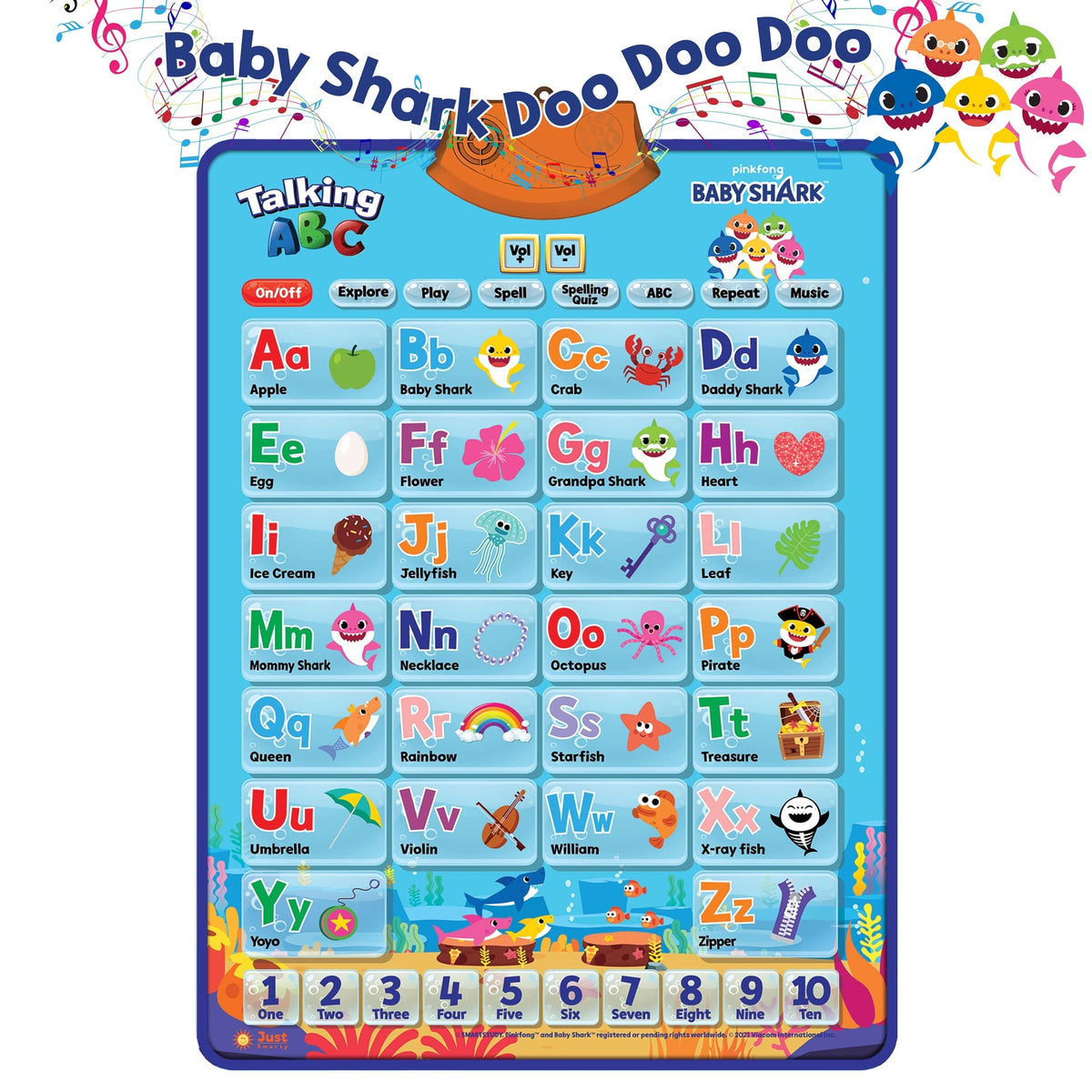 Just Smarty Baby Shark poster features songs for interactive learning and kid-friendly sing-alongs.