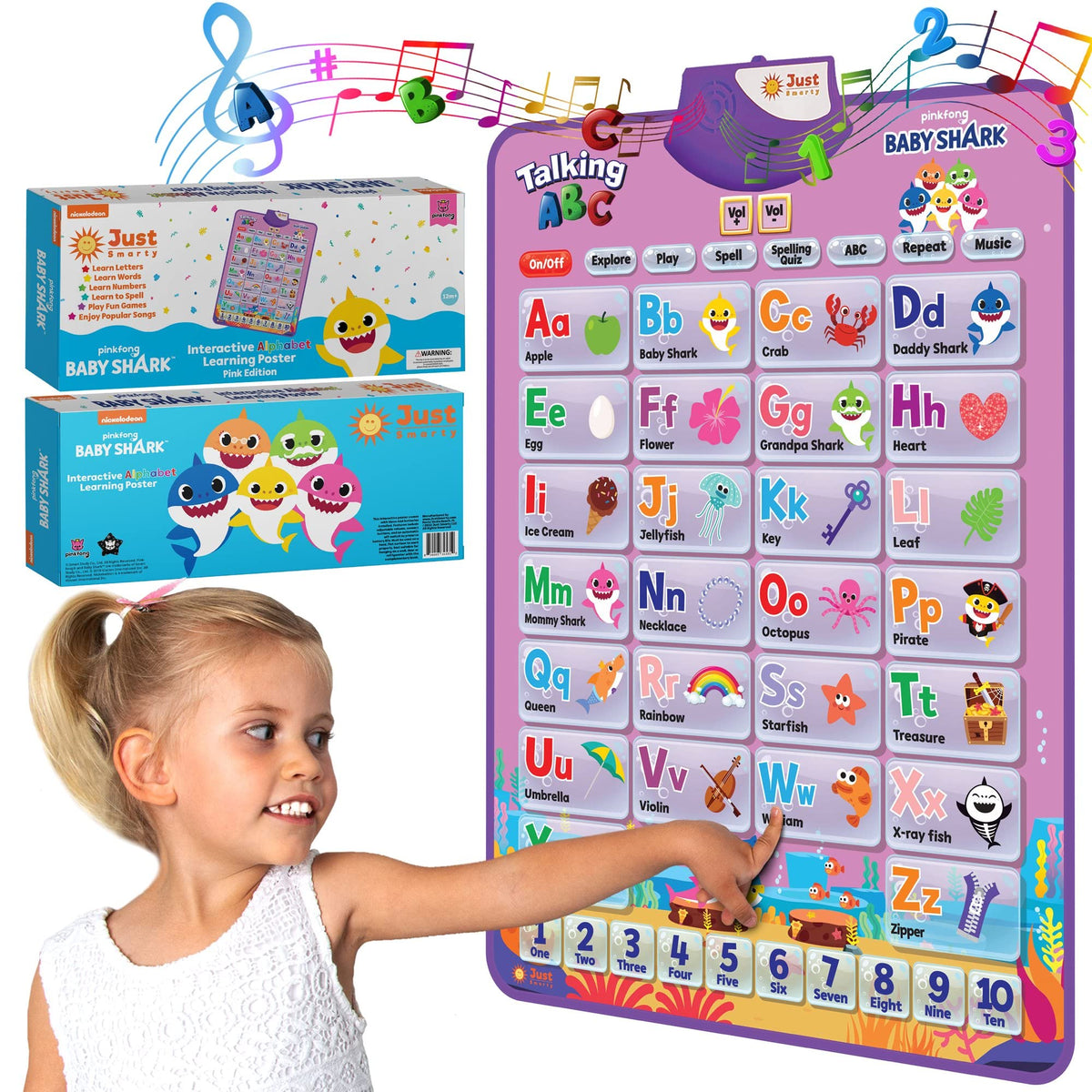 Just Smarty Pinkfong BabyShark alphabet poster highlighting letters for early literacy and play-based learning.