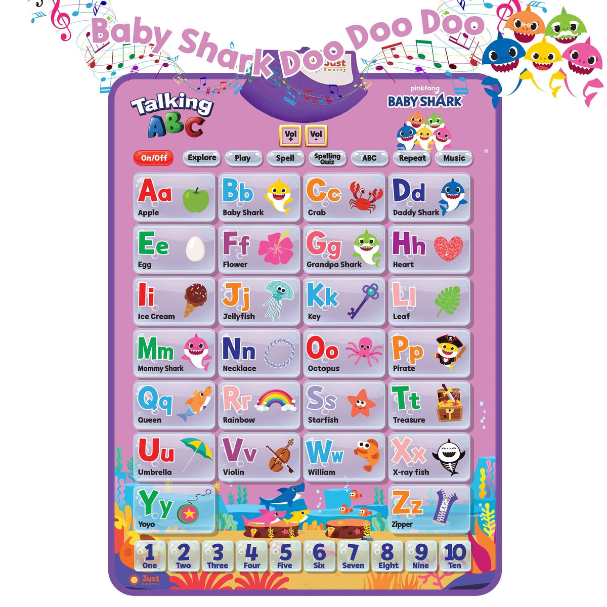 Just Smarty Pinkfong BabyShark numbers poster promotes counting skills in a colorful, engaging way.